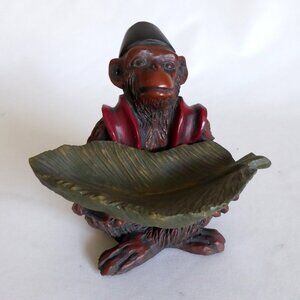 NEW VINTAGE 6" FEZ WEARING MONKEY HOLDING BANANA LEAF BOWL DISH DECOR